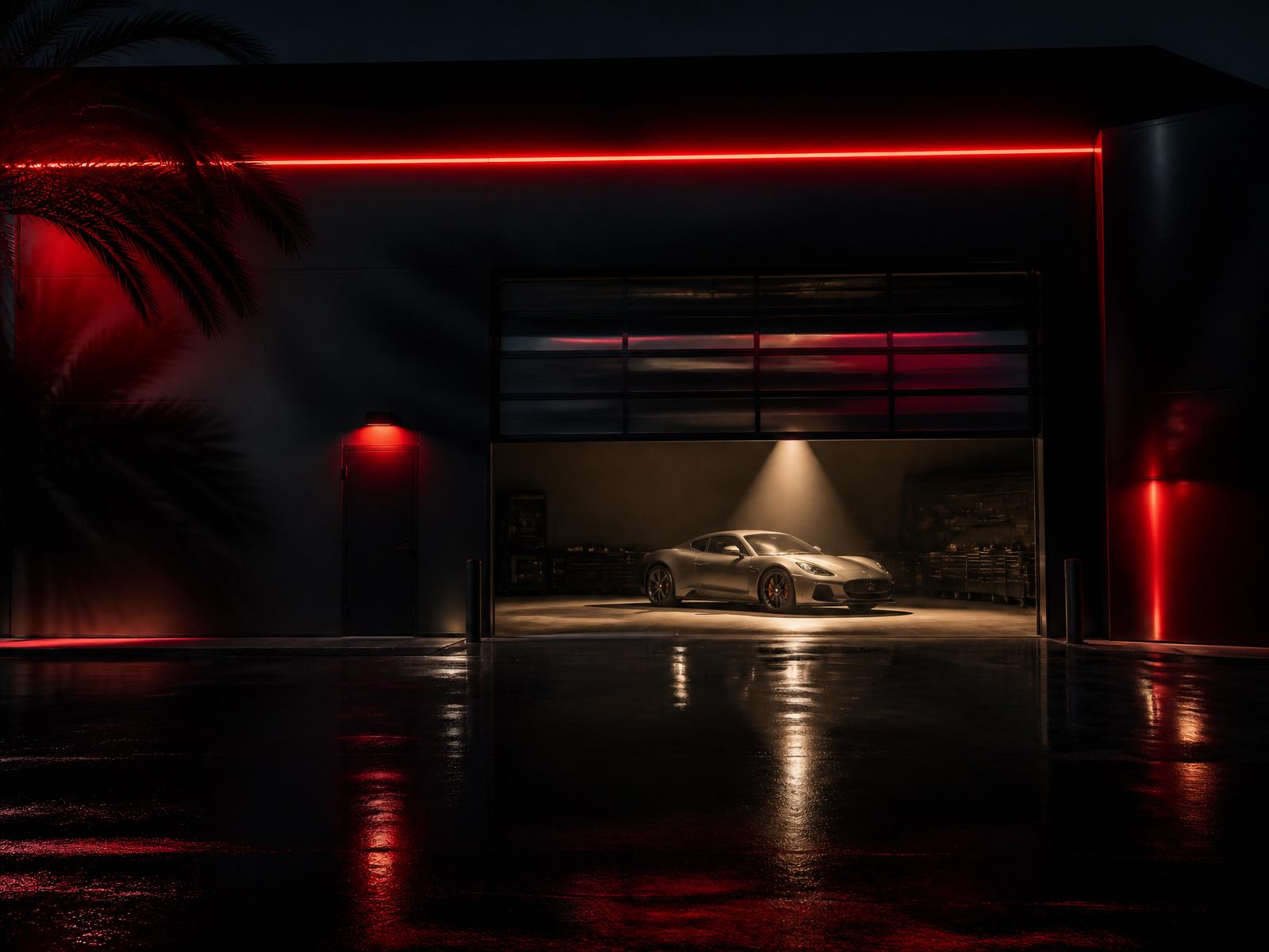 Luxury private workshop exterior at night with red signage