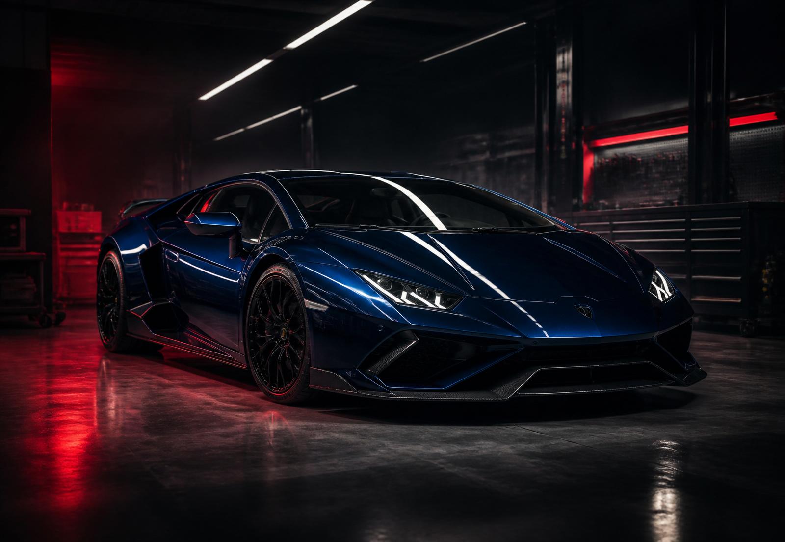 Exotic supercar inside a premium dark service bay