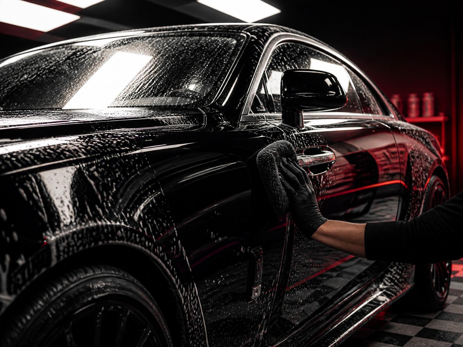 Luxury black coupe being hand-detailed under studio lighting