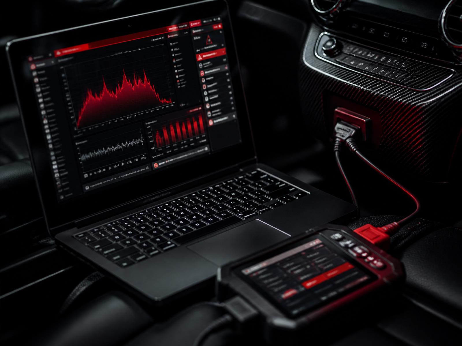 Diagnostic laptop and scan tool connected to a luxury car OBD port